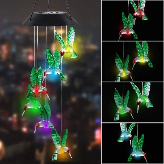 Enchanting Colorful Gradient Solar Hummingbird LED Wind Chimes for a Magical Garden Atmosphere